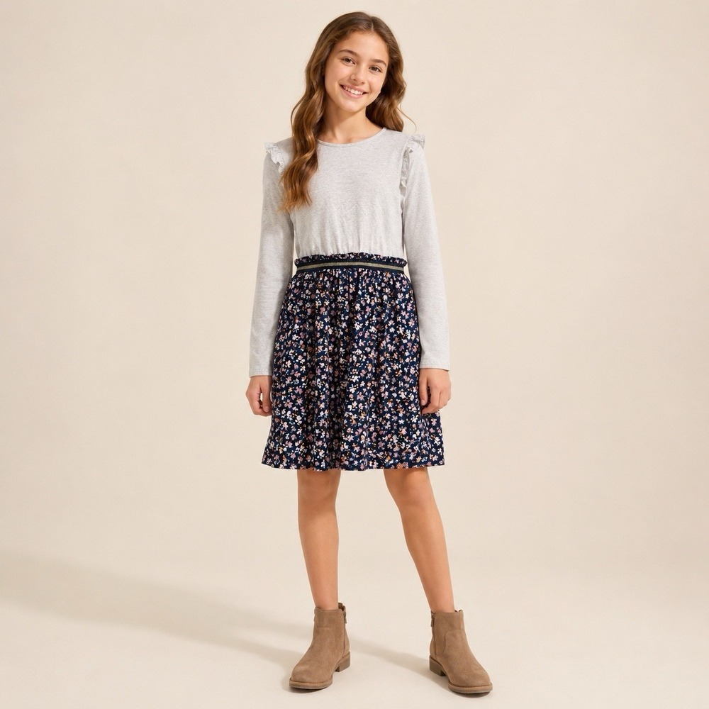 FatFace Kids Girls Dress 11-12 Oatmeal Floral Long Sleeve Ruffle Cotton